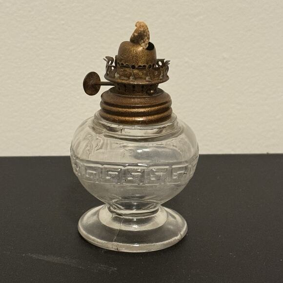Vintage Miniature Greek Key Oil Lamp 5” Glass - Picture 1 of 9
